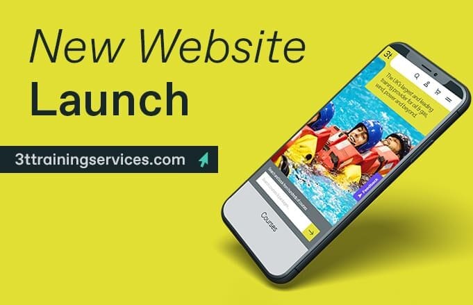 A smartphone displaying a website is angled against a yellow background. The words "New Website Launch" and "3ttrainingservices.com" are displayed alongside the phone. The phone screen shows a course listing, highlighting over 600+ courses, with an image of people in life vests in a swimming pool.